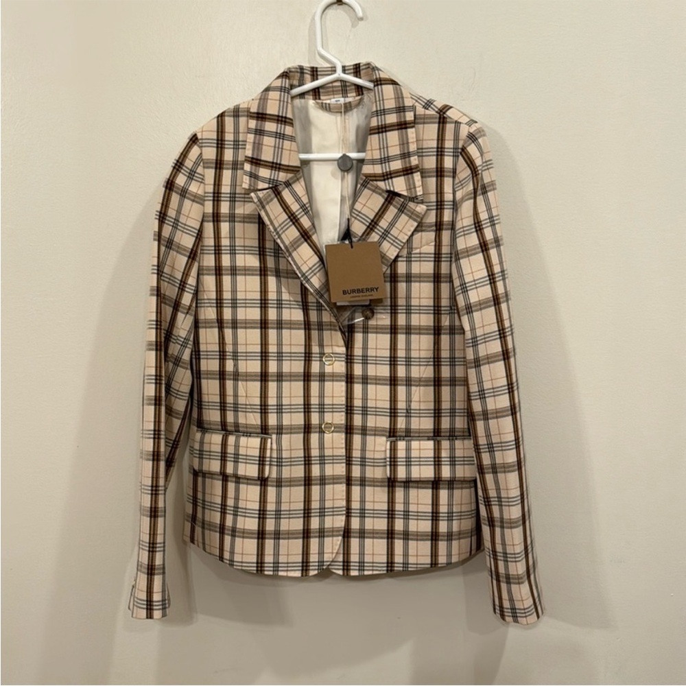 Burberry Cream and Brown Plaid Blazer